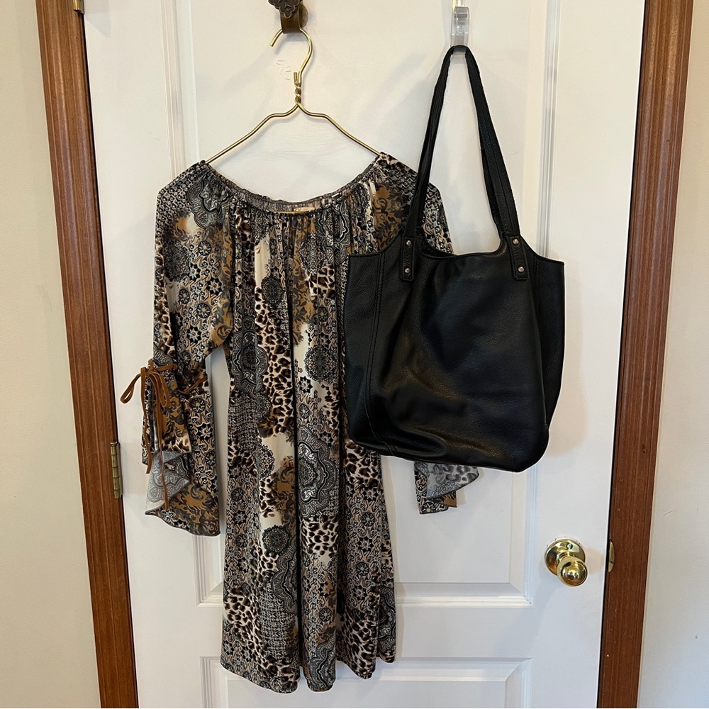 SET! Happy & Free Black Genuine Leather Shoulder/Tote Bag + Medium Boho Dress
